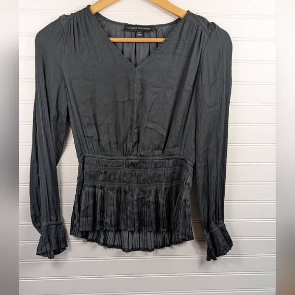 Catherine Malandrino Satin Blouse Gray Long Sleeve Smocked Peplum Waist Size PP - Picture 2 of 10